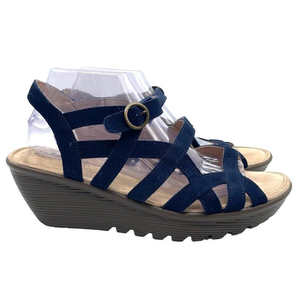 SKECHERS Strappy Wedge Heel Sandals 10 Memory Foam Platform Navy Blue Comfort